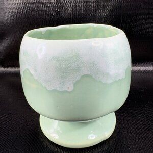 Antique USA Ohio Pottery Footed Bowl Vase Planter Green‎ Milky White Ombre VTG